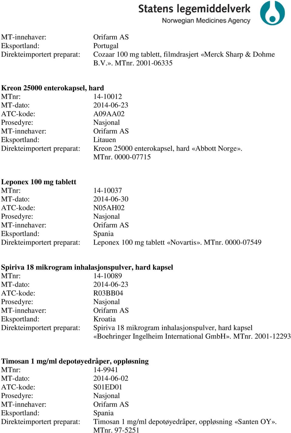 0000-07715 Leponex 100 mg tablett 14-10037 MT-dato: 2014-06-30 N05AH02 Orifarm AS Eksportland: Spania Direkteimportert preparat: Leponex 100 mg tablett «Novartis». MTnr.