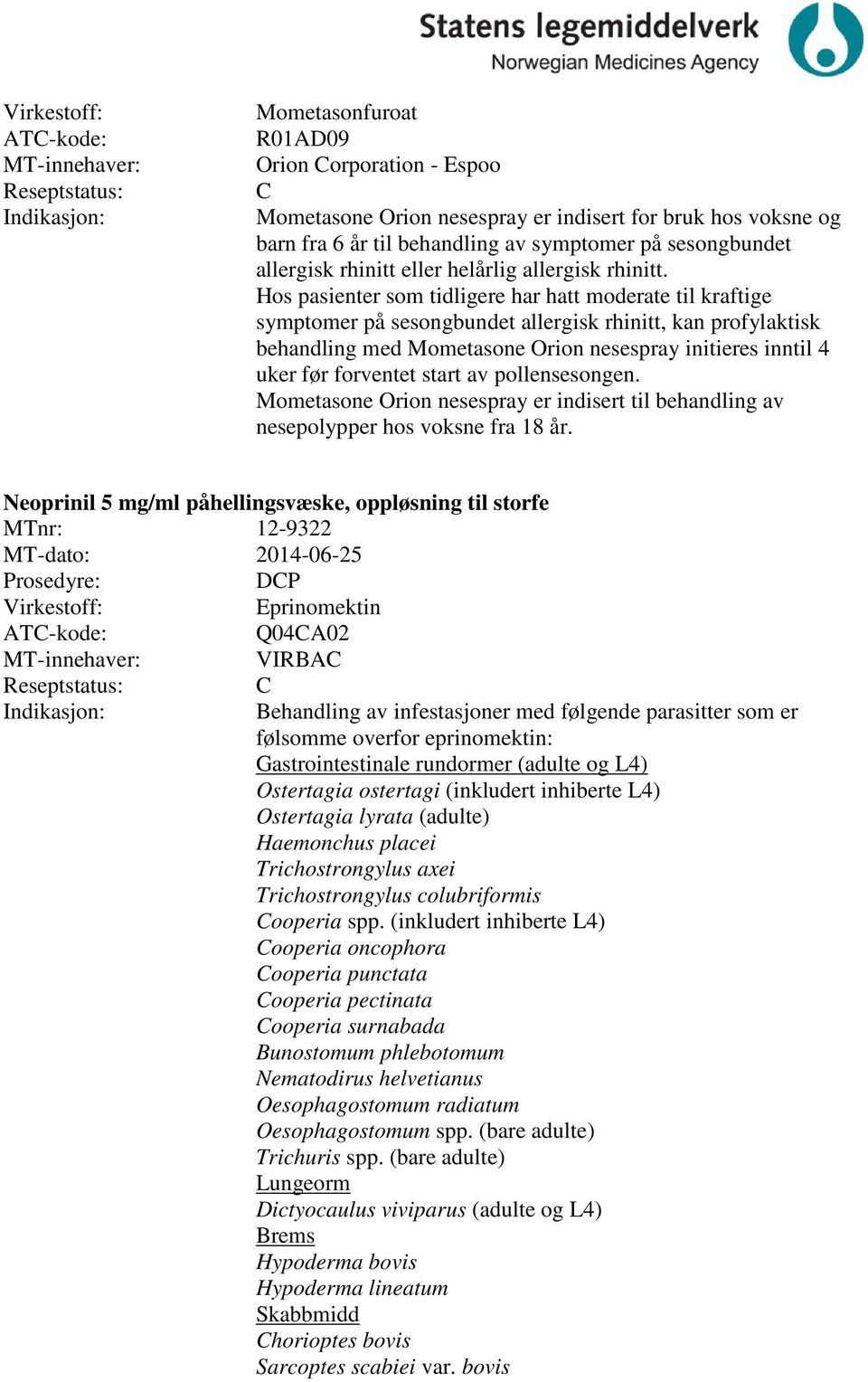 Hos pasienter som tidligere har hatt moderate til kraftige symptomer på sesongbundet allergisk rhinitt, kan profylaktisk behandling med Mometasone Orion nesespray initieres inntil 4 uker før