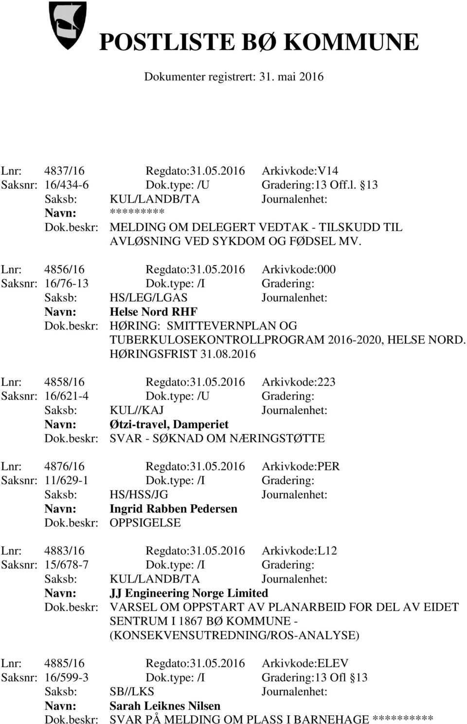 type: /I Gradering: Saksb: HS/LEG/LGAS Journalenhet: Navn: Helse Nord RHF Dok.beskr: HØRING: SMITTEVERNPLAN OG TUBERKULOSEKONTROLLPROGRAM 2016-2020, HELSE NORD. HØRINGSFRIST 31.08.