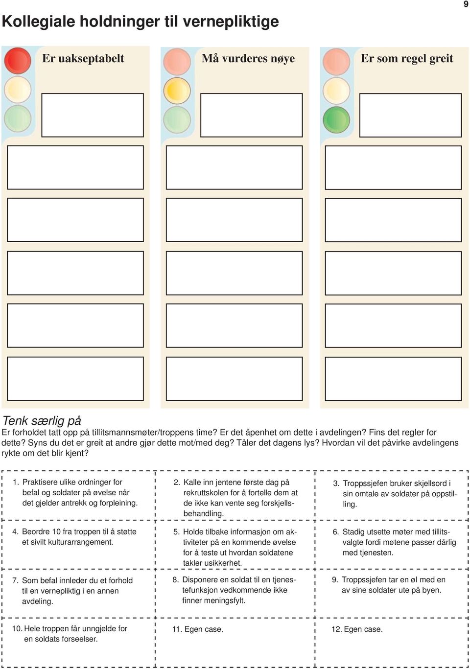 Praktisere ulike ordninger for befal og soldater på øvelse når det gjelder antrekk og forpleining. 4. Beordre 10 fra troppen til å støtte et sivilt kulturarrangement. 7.