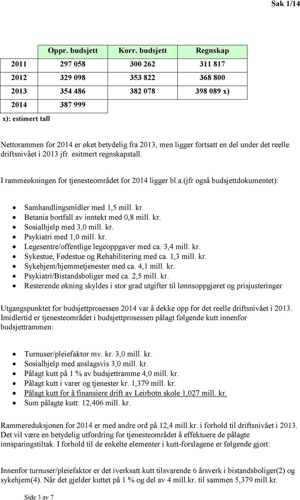 fortsatt en del under det reelle driftsnivået i 2013 jfr. esitmert regnskapstall. I rammeøkningen for tjenesteområdet for 2014 ligger bl.a.(jfr også budsjettdokumentet): Samhandlingsmidler med 1,5 mill.