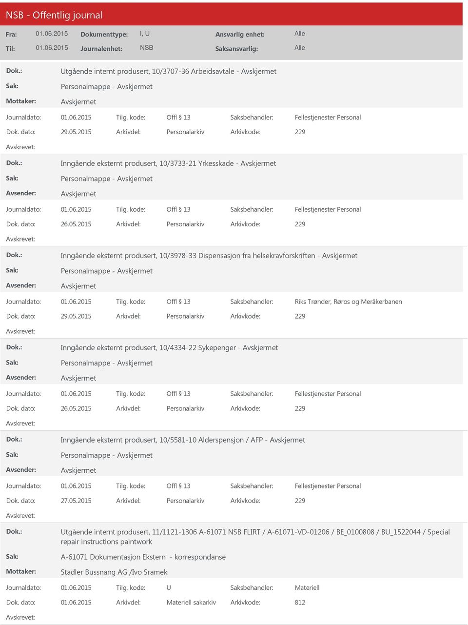 produsert, 10/4334-22 Sykepenger - Personalmappe - Dok. dato: 26.05.2015 Arkivdel: Personalarkiv Arkivkode: 229 Inngående eksternt produsert, 10/5581-10 Alderspensjon / AFP - Personalmappe - Dok.