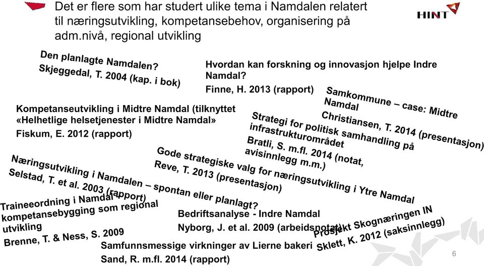 Fiskum, E. 2012 (rapport) Hvordan kan forskning og innovasjon hjelpe Indre Namdal? Finne, H.