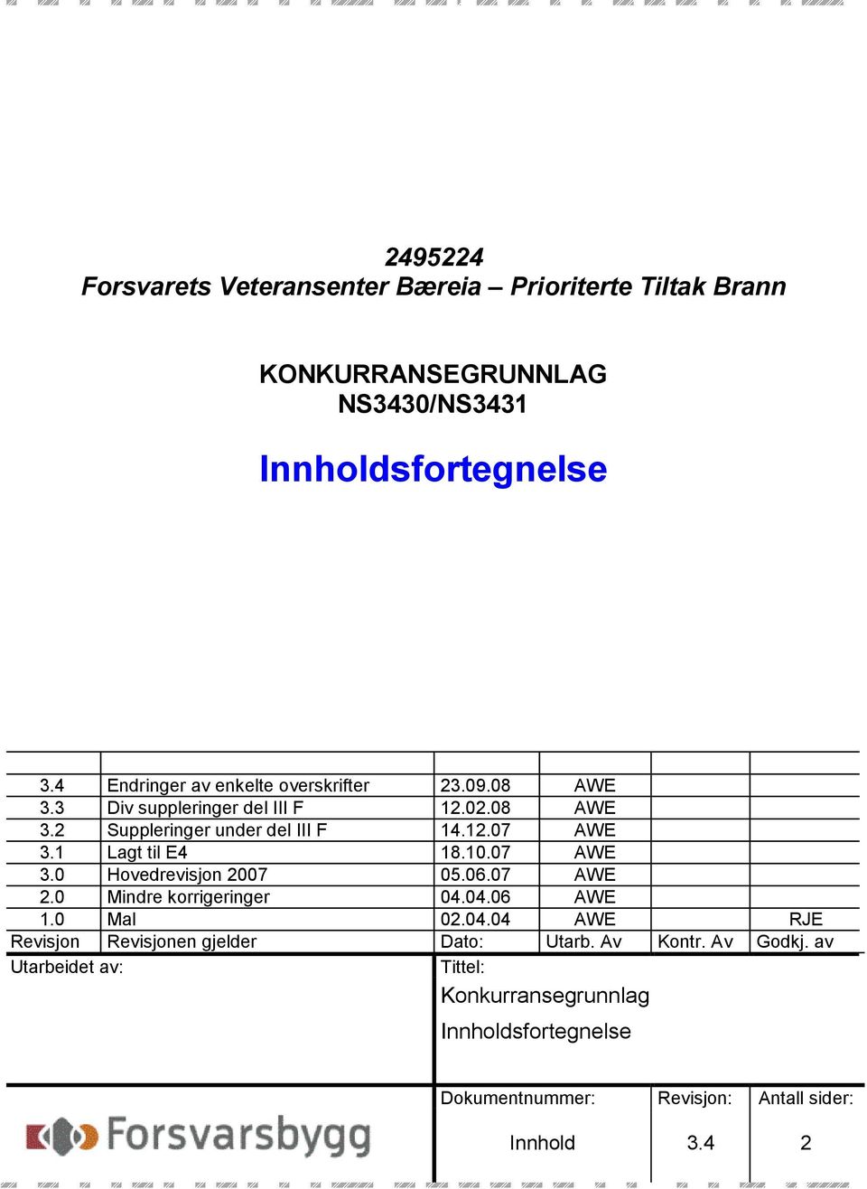 1 Lagt til E4 18.10.07 AWE 3.0 Hovedrevisjon 2007 05.06.07 AWE 2.0 Mindre korrigeringer 04.04.06 AWE 1.0 Mal 02.04.04 AWE RJE Revisjon Revisjonen gjelder Dato: Utarb.