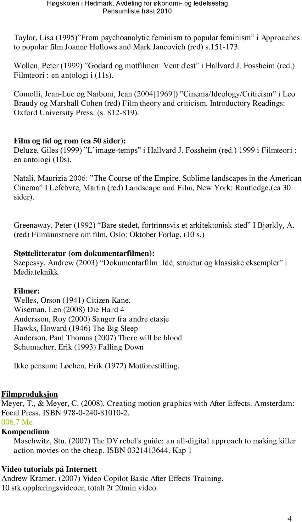 Comolli, Jean-Luc og Narboni, Jean (2004[1969]) Cinema/Ideology/Criticism i Leo Braudy og Marshall Cohen (red) Film theory and criticism. Introductory Readings: Oxford University Press. (s. 812-819).