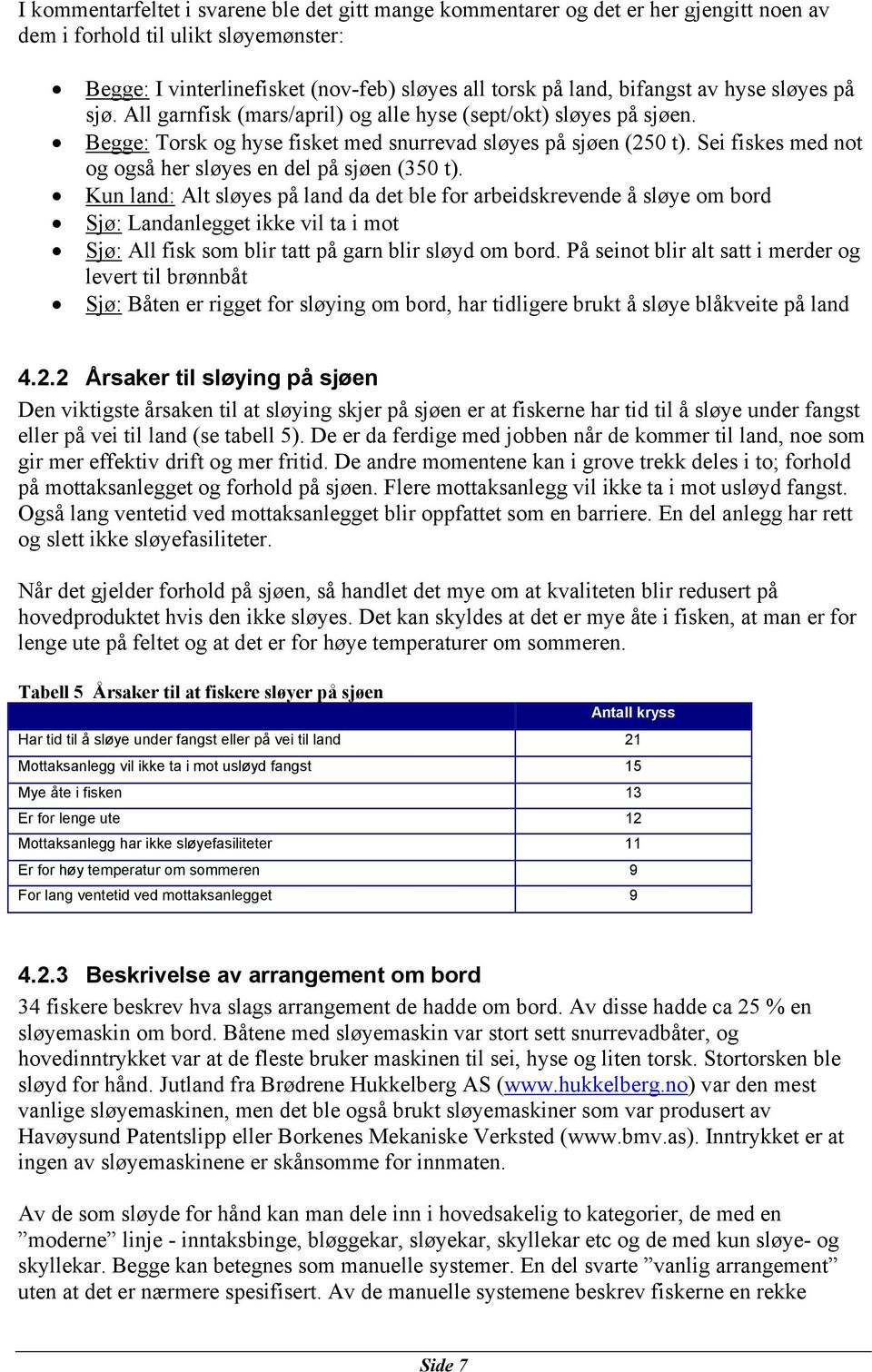 Sei fiskes med not og også her sløyes en del på sjøen (350 t).