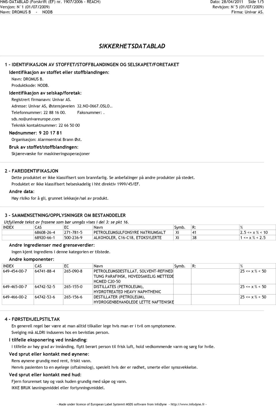 Produktkode: NODB. Identifikasjon av selskap/foretak: Registrert firmanavn: Univar AS. Adresse: Univar AS, Østensjøveien 32.NO-0667.OSLO.. Telefonnummer: 22 88 16 00. Faksnummer:. sds.no@univareurope.