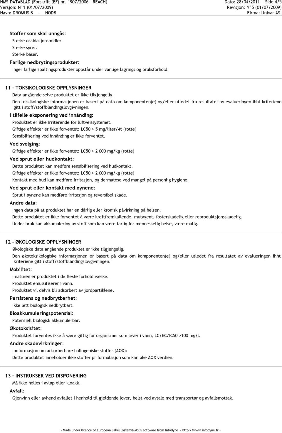 Den toksikologiske informasjonen er basert på data om komponenten(e) og/eller utledet fra resultatet av evalueringen ihht kriteriene gitt i stoff/stoffblandingslovgivningen.