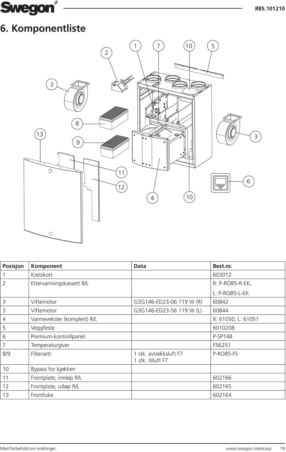 P-RO85-L-EK 4 Varmeveksler (komplett) R/L R: 61050, L: 61051 5 Veggfeste 6010208 6 Premium-kontrollpanel P-SP148 7 Temperaturgiver F56251 8/9 Filtersett