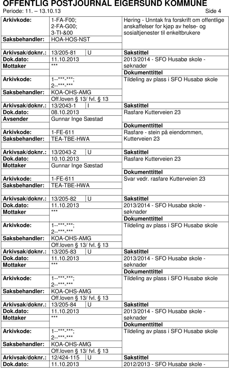 Arkivsak/doknr.: 13/205-81 U Sakstittel 2013/2014 - SFO Husabø skole - søknader Tildeling av plass i SFO Husabø skole Saksbehandler: KOA-OHS-AMG Arkivsak/doknr.: 13/2043-1 I Sakstittel Dok.dato: 08.