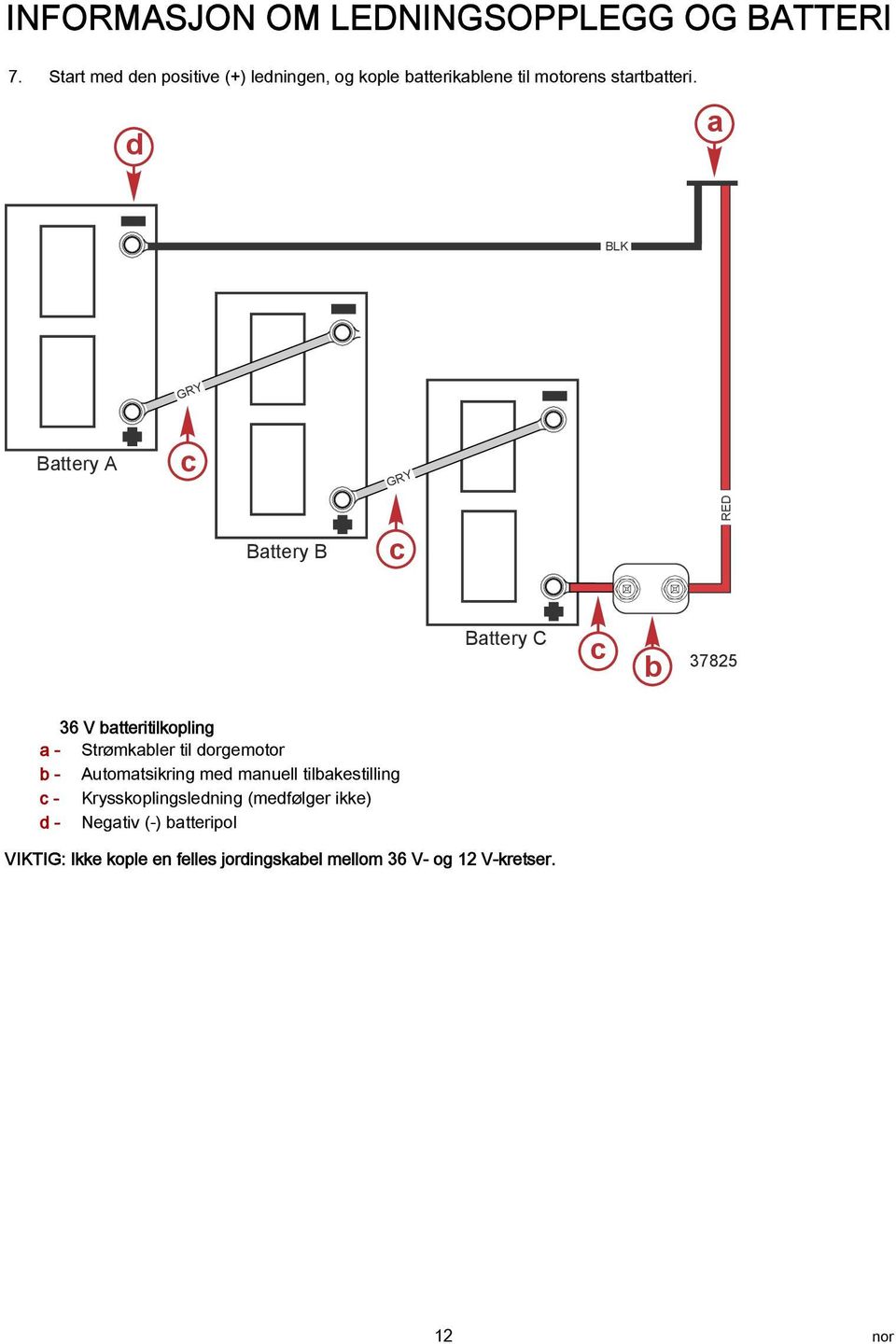 d BLK GRY Bttery A c GRY Bttery B c RED Bttery C c b 37825 36 V btteritilkopling - Strømkbler til