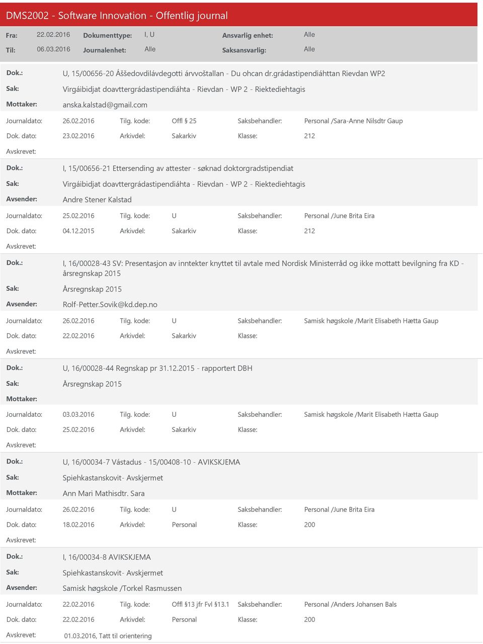 2016 212 I, 15/00656-21 Ettersending av attester - søknad doktorgradstipendiat Virgáibidjat doavttergrádastipendiáhta - Rievdan - WP 2 - Riektediehtagis Andre Stener Kalstad Journaldato: 25.02.