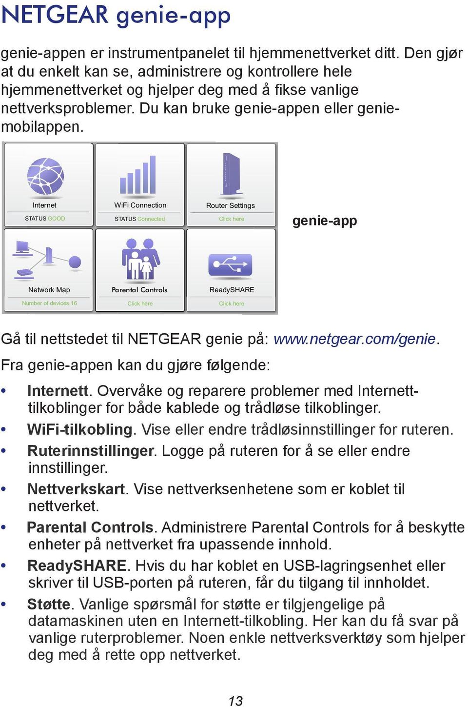 Internet STATUS GOOD WiFi Connection STATUS Connected Router Settings Click here genie-app Network Map Parental Controls ReadySHARE Number of devices 16 Click here Click here Gå til nettstedet til