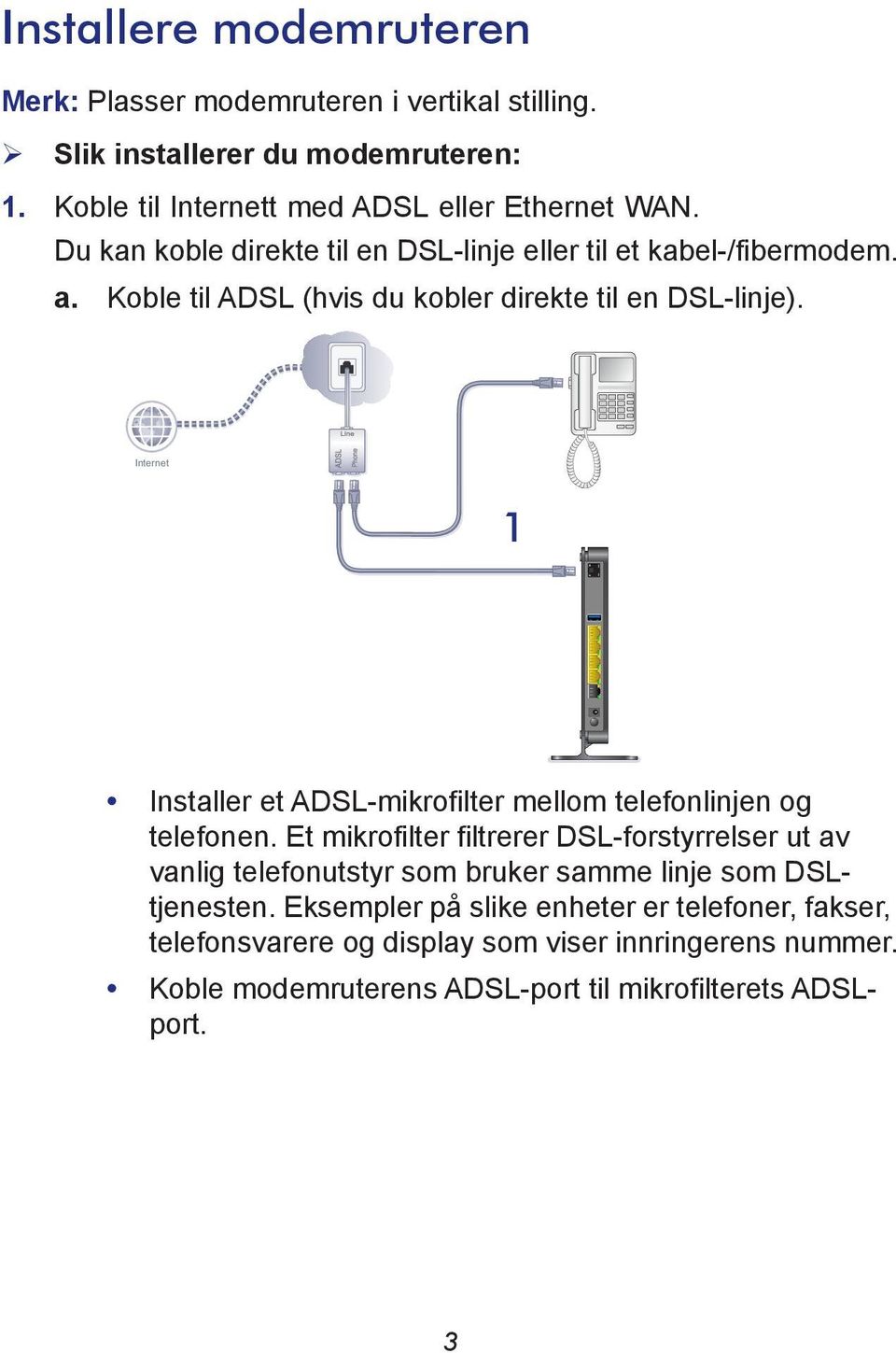 Internet 1 Installer et ADSL-mikrofilter mellom telefonlinjen og telefonen.