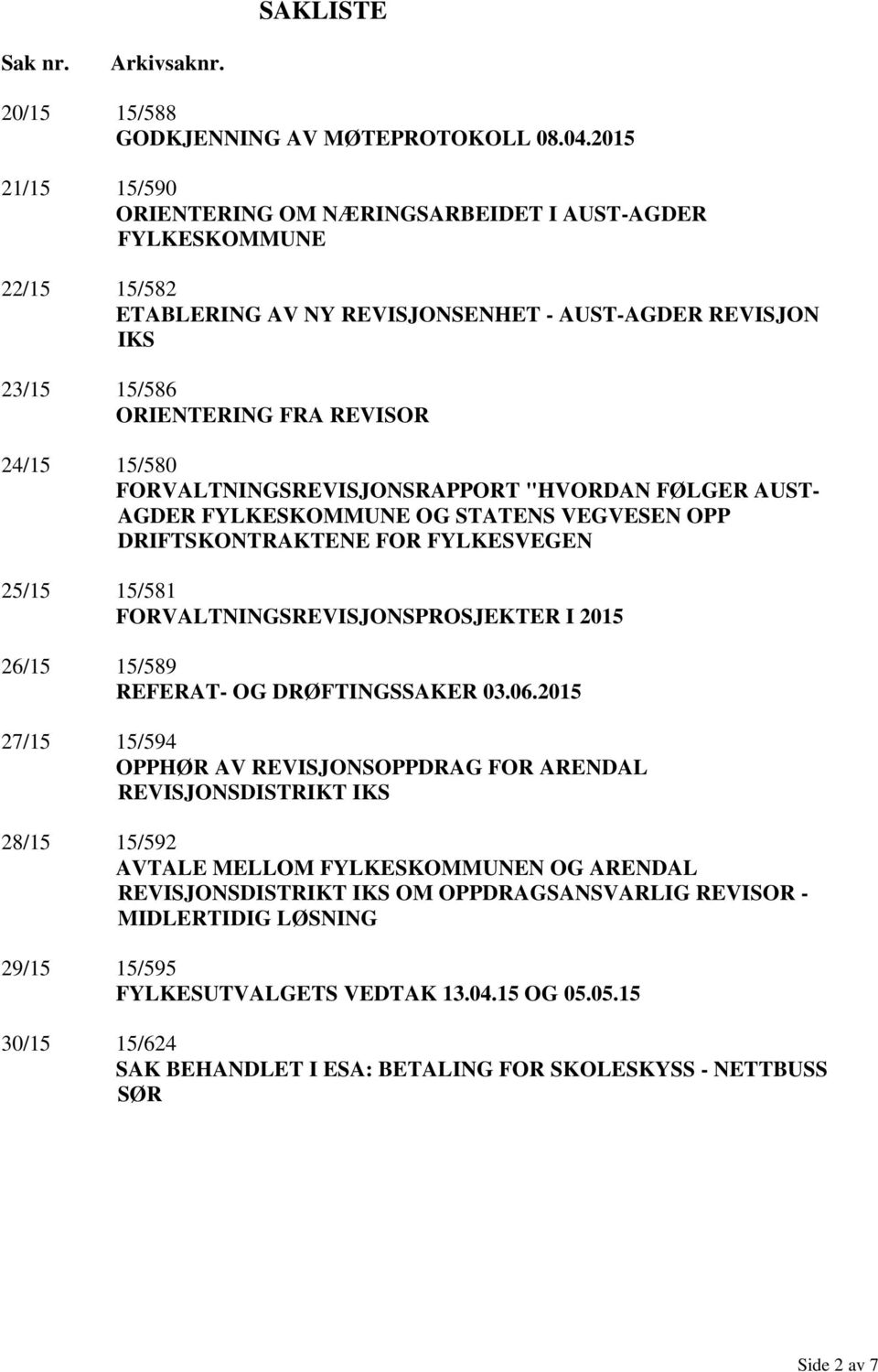 FORVALTNINGSREVISJONSRAPPORT "HVORDAN FØLGER AUST- AGDER FYLKESKOMMUNE OG STATENS VEGVESEN OPP DRIFTSKONTRAKTENE FOR FYLKESVEGEN 25/15 15/581 FORVALTNINGSREVISJONSPROSJEKTER I 2015 26/15 15/589