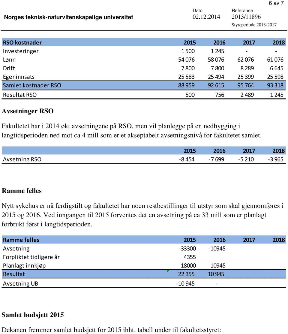 et akseptabelt avsetningsnivå for fakultetet samlet.