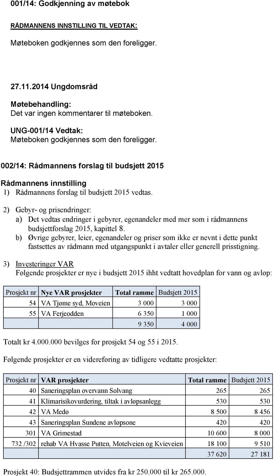 2) Gebyr- og prisendringer: a) Det vedtas endringer i gebyrer, egenandeler med mer som i rådmannens budsjettforslag 2015, kapittel 8.