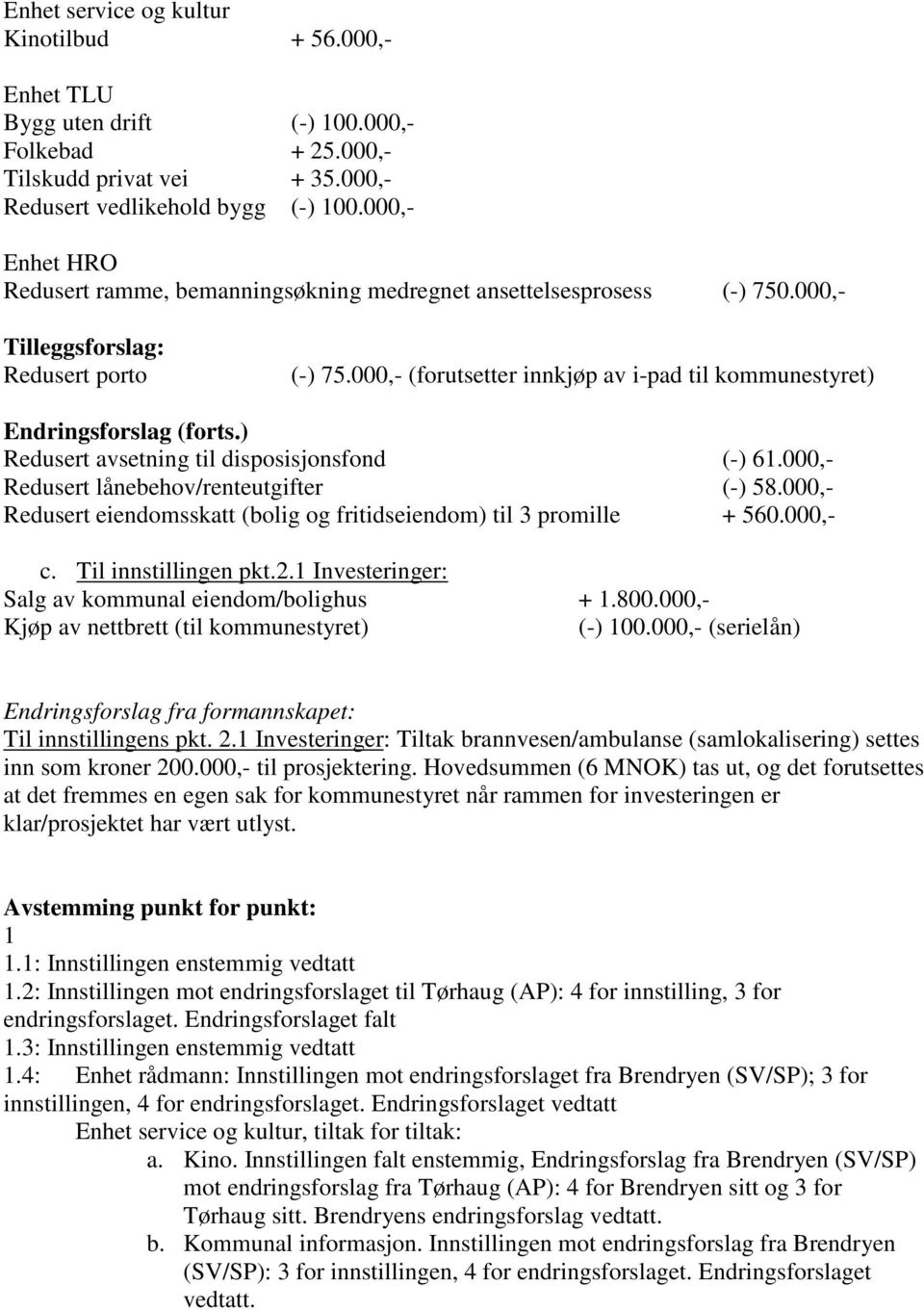 000,- (forutsetter innkjøp av i-pad til kommunestyret) Endringsforslag (forts.) Redusert avsetning til disposisjonsfond (-) 61.000,- Redusert lånebehov/renteutgifter (-) 58.