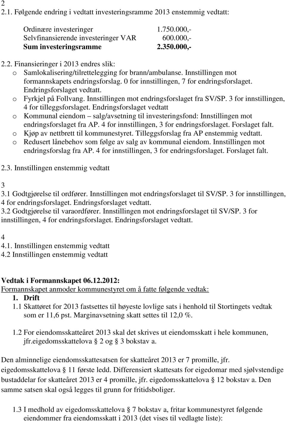 3 for innstillingen, 4 for tilleggsforslaget. Endringsforslaget vedtatt o Kommunal eiendom salg/avsetning til investeringsfond: Innstillingen mot endringsforslaget fra AP.