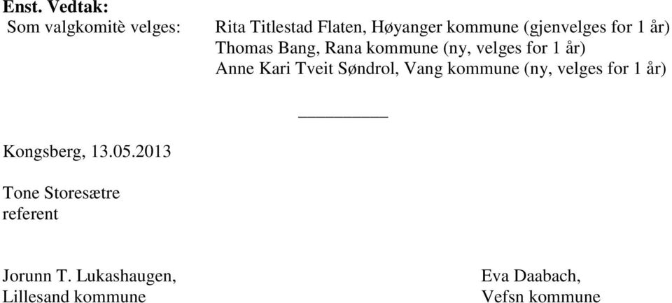 Tveit Søndrol, Vang kommune (ny, velges for 1 år) Kongsberg, 13.05.