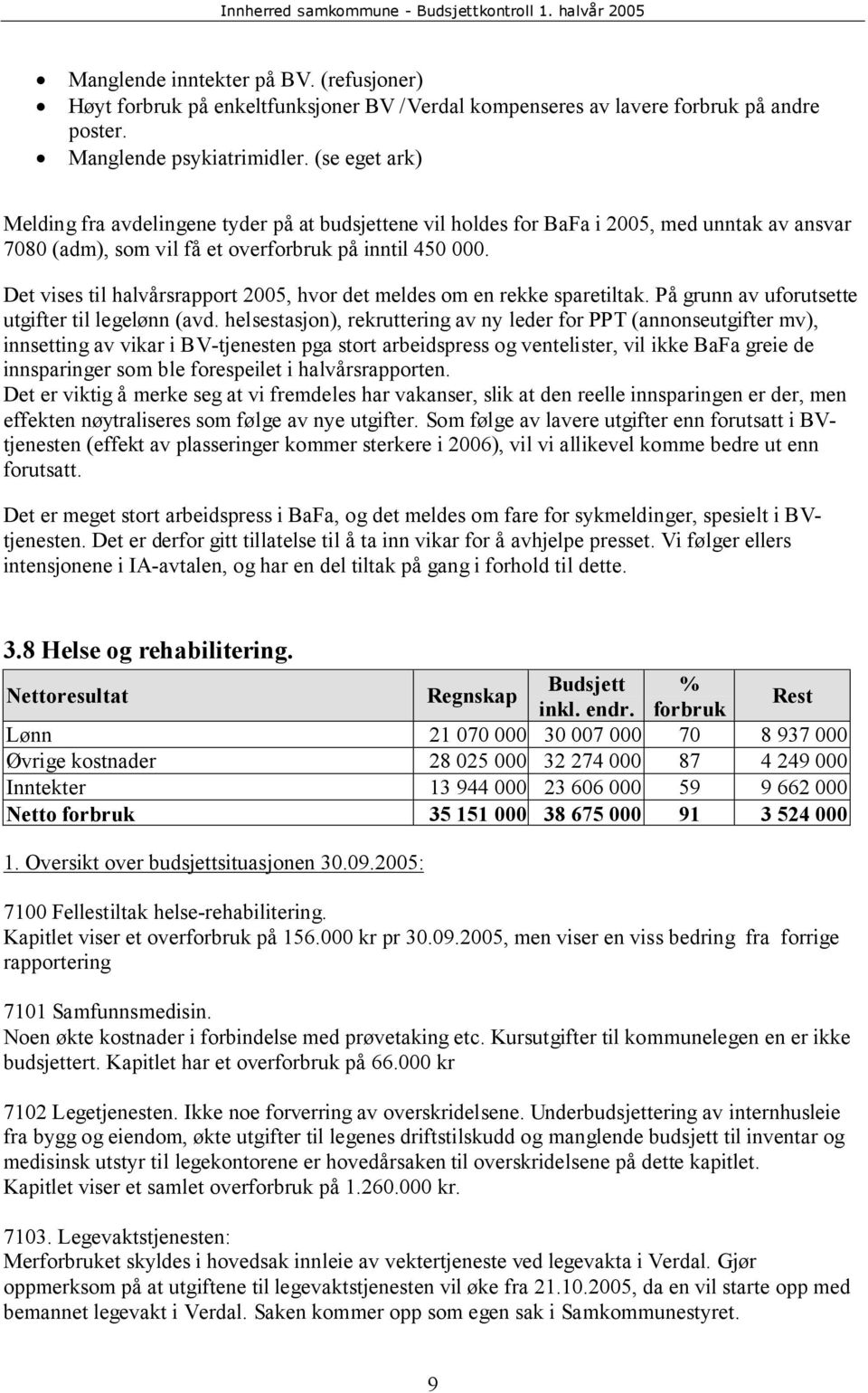 Det vises til halvårsrapport 2005, hvor det meldes om en rekke sparetiltak. På grunn av uforutsette utgifter til legelønn (avd.