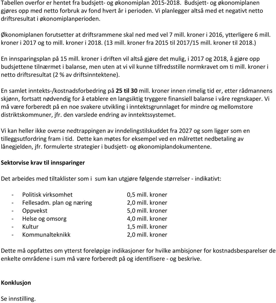 kroner i 2017 og to mill. kroner i 2018. (13 mill. kroner fra 2015 til 2017/15 mill. kroner til 2018.) En innsparingsplan på 15 mill.