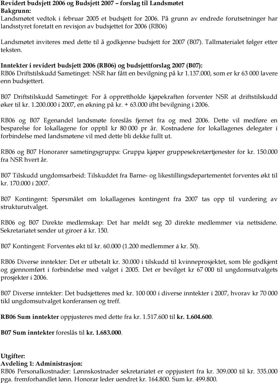 Tallmaterialet følger etter teksten. Inntekter i revidert budsjett 2006 (RB06) og budsjettforslag 2007 (B07): RB06 Driftstilskudd Sametinget: NSR har fått en bevilgning på kr 1.137.