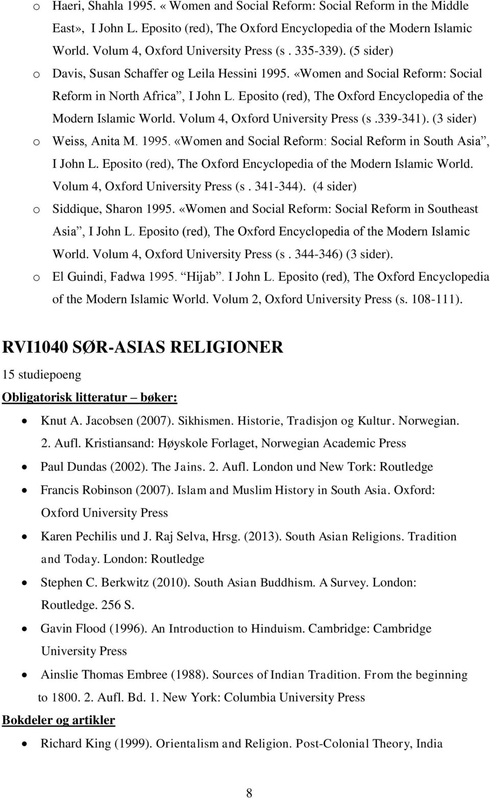 Eposito (red), The Oxford Encyclopedia of the Modern Islamic World. Volum 4, Oxford University Press (s.339-341). (3 sider) o Weiss, Anita M. 1995.