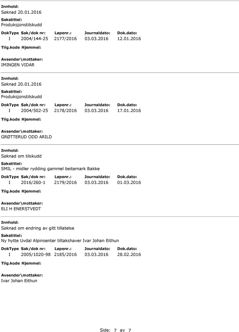 2016 MNGEN VDAR nnhold: 2004/502-25 2178/2016 17.01.2016 GRØTTERD ODD ARLD nnhold: SML -