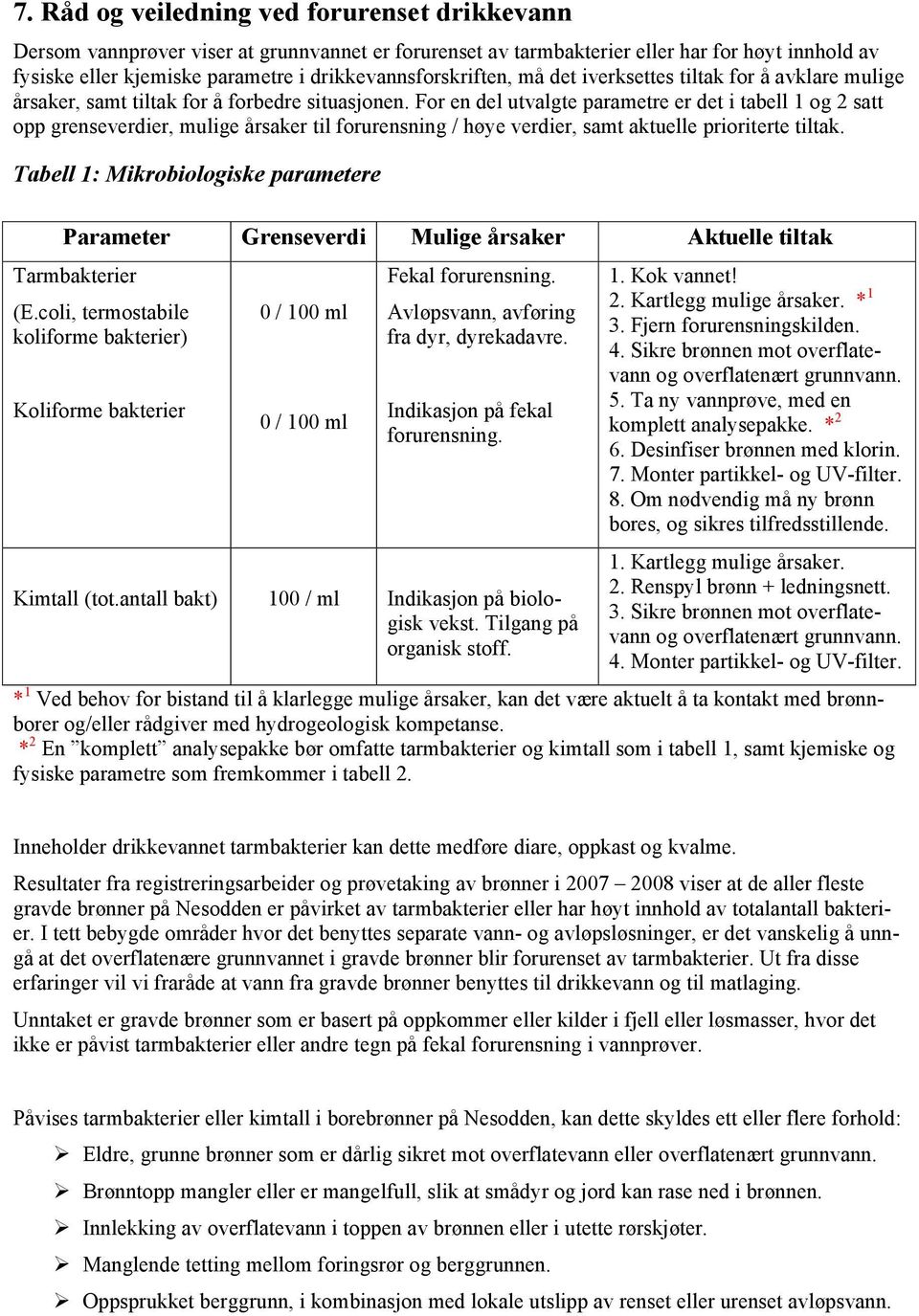 For en del utvalgte parametre er det i tabell 1 og 2 satt opp grenseverdier, mulige årsaker til forurensning / høye verdier, samt aktuelle prioriterte tiltak.