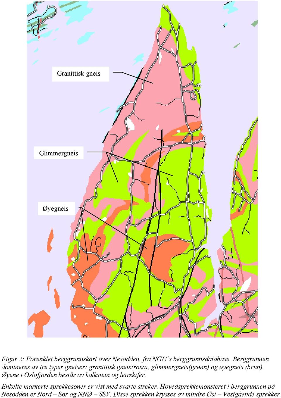 Øyene i Oslofjorden består av kalkstein og leirskifer. Enkelte markerte sprekkesoner er vist med svarte streker.