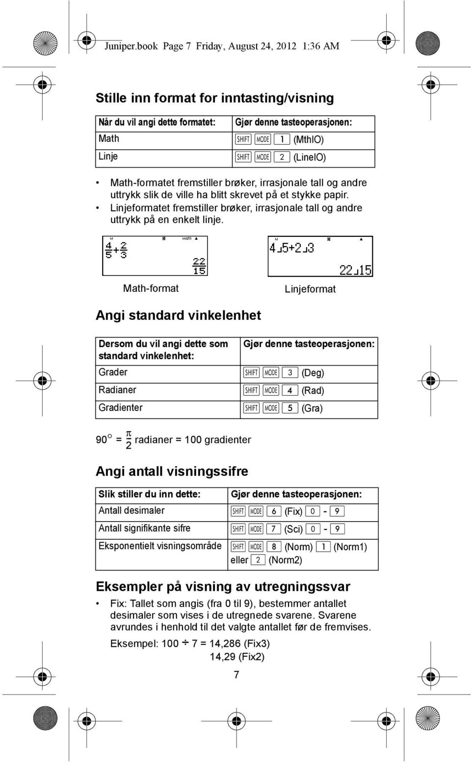 brøker, irrasjonale tall og andre uttrykk slik de ville ha blitt skrevet på et stykke papir. Linjeformatet fremstiller brøker, irrasjonale tall og andre uttrykk på en enkelt linje.