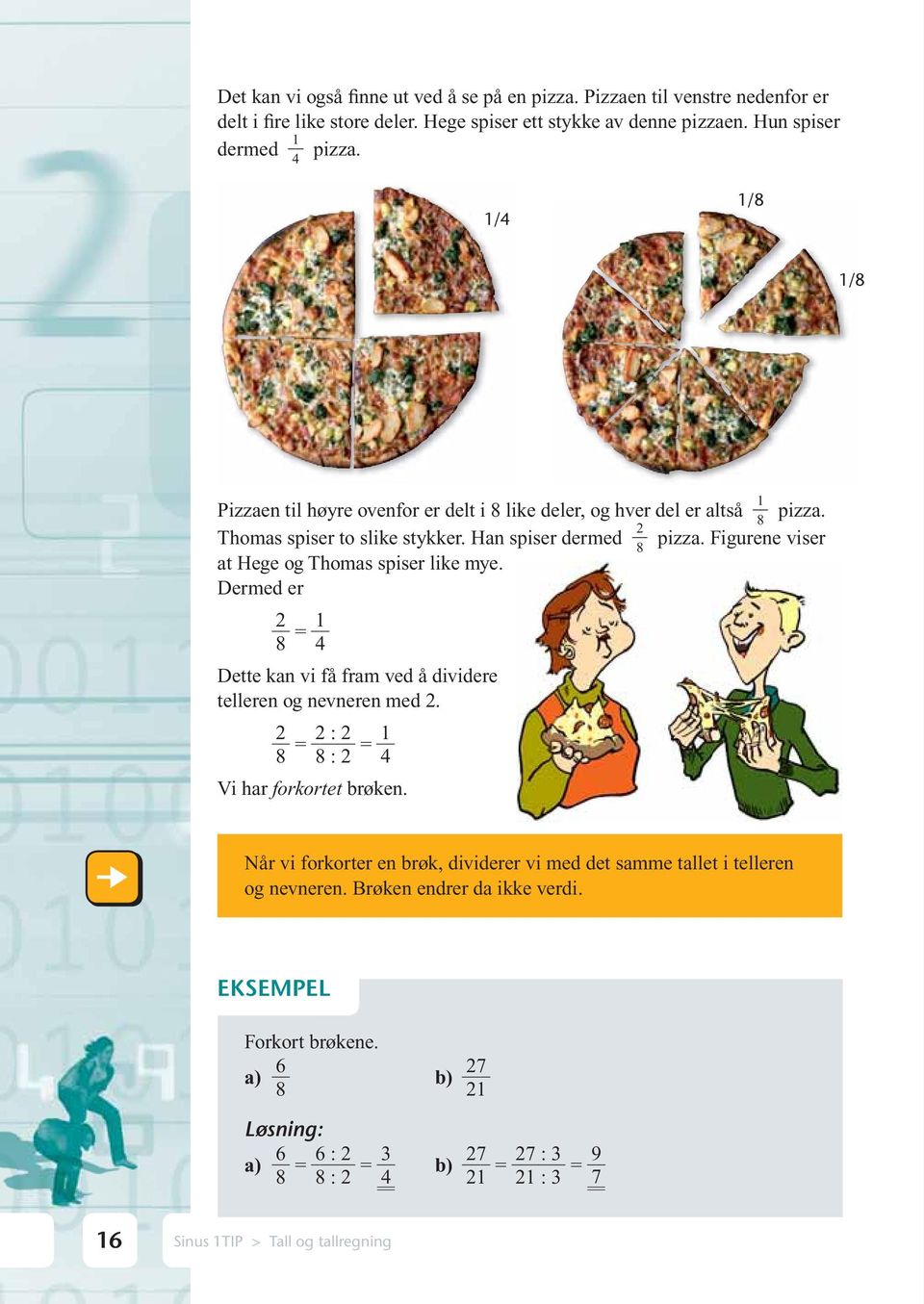 Figurene viser 8 at Hege og Thomas spiser like mye. Dermed er 2 8 Dette kan vi få fram ved å dividere telleren og nevneren med 2. 2 8 2 : 2 8 : 2 Vi har forkortet brøken.