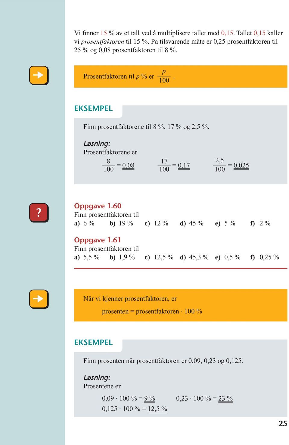 EKSEMPEL Finn prosentfaktorene til 8 %, 1 % og 2, %. Prosentfaktorene er _ 8 100 0,08 _ 1 100 0,1 _ 2, 100 0,02? Oppgave 1.