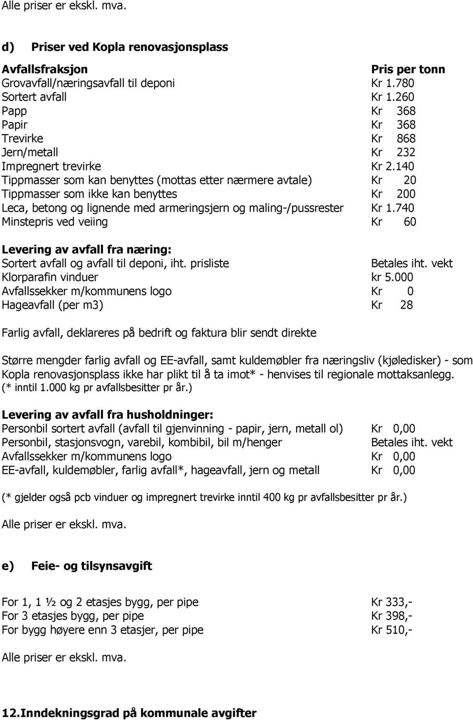 140 Tippmasser som kan benyttes (mottas etter nærmere avtale) Kr 20 Tippmasser som ikke kan benyttes Kr 200 Leca, betong og lignende med armeringsjern og maling-/pussrester Kr 1.