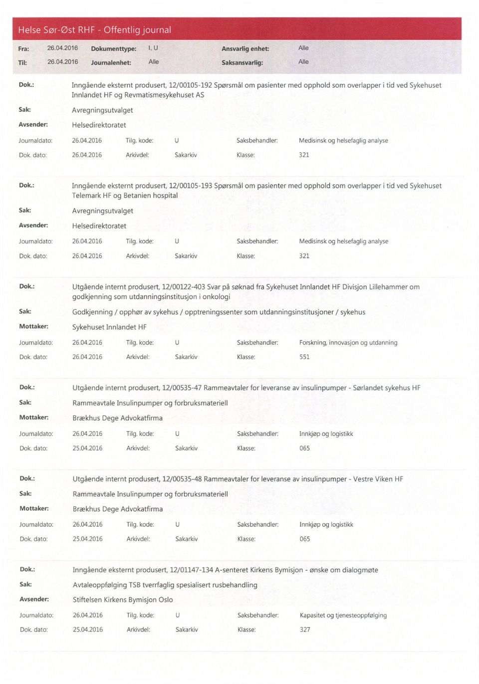 Journaldato: 26.04.2016 Tilg. kode: U Saksbehandler: Medisinsk og helsefaglig analyse Dok. dato: 26.04.2016 Arkivdel: Sakarkiv Klasse: 321 Dok.