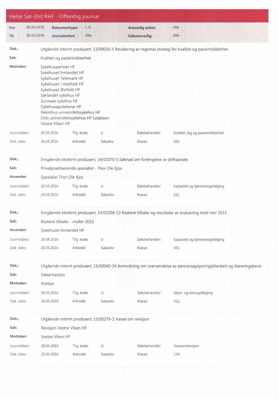 Sykehuset i Vestfold HF Sykehuset Østfold HF Sørlandet sykehus HF Sunnaas sykehus HF Sykehusapotekene HF Akershus universitetssykehus HF Oslo universitetssykehus HF Ledelsen Vestre Viken HF