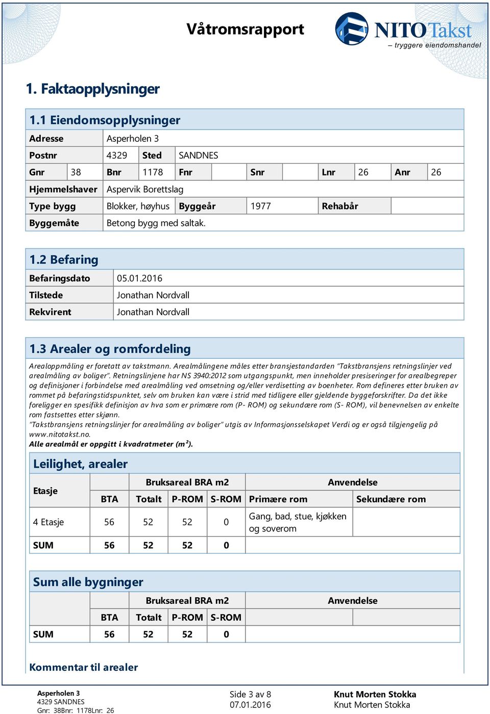 med saltak. 1.2 Befaring Befaringsdato 05.01.2016 Tilstede Jonathan Nordvall Rekvirent Jonathan Nordvall 1.3 Arealer og romfordeling Arealoppmåling er foretatt av takstmann.