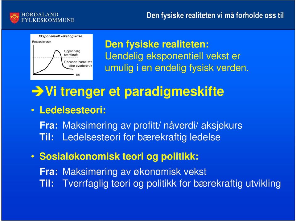 Vi trenger et paradigmeskifte Ledelsesteori: Fra: Maksimering av profitt/ nåverdi/ aksjekurs Til: Ledelsesteori for bærekraftig