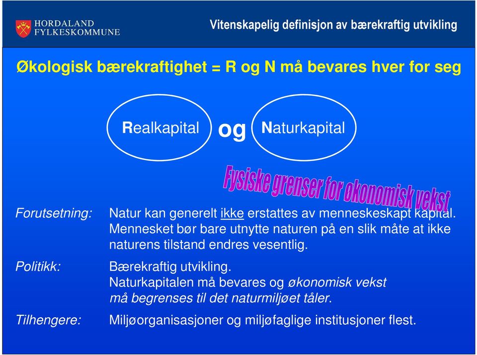 Mennesket bør bare utnytte naturen på en slik måte at ikke naturens tilstand endres vesentlig. Bærekraftig utvikling.