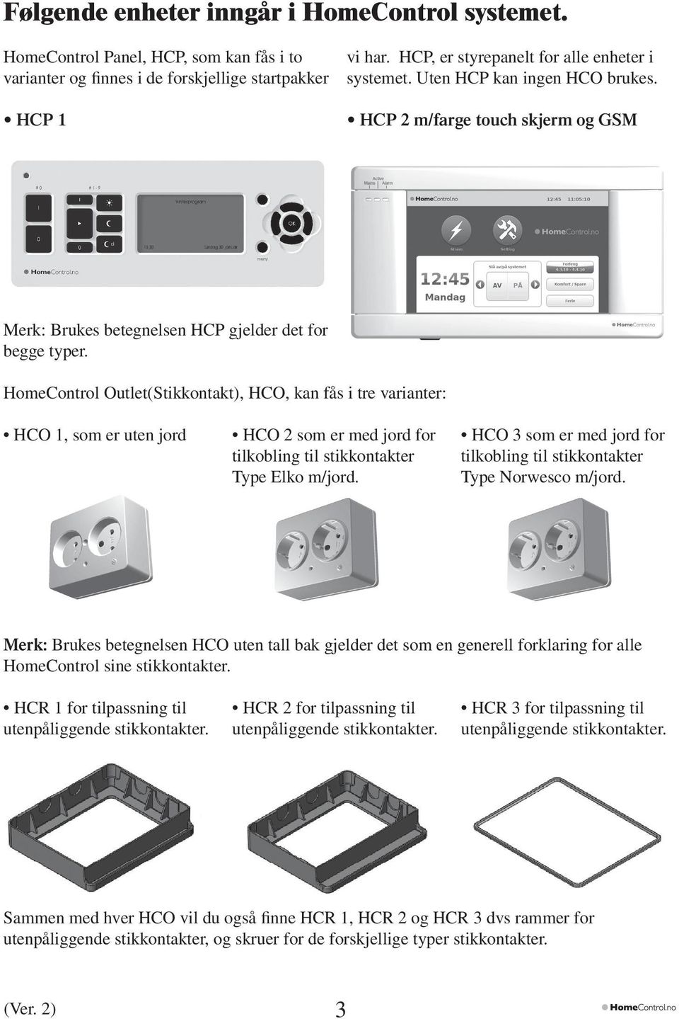 HomeControl Outlet(Stikkontakt), HCO, kan fås i tre varianter: HCO 1, som er uten jord HCO 2 som er med jord for tilkobling til stikkontakter Type Elko m/jord.