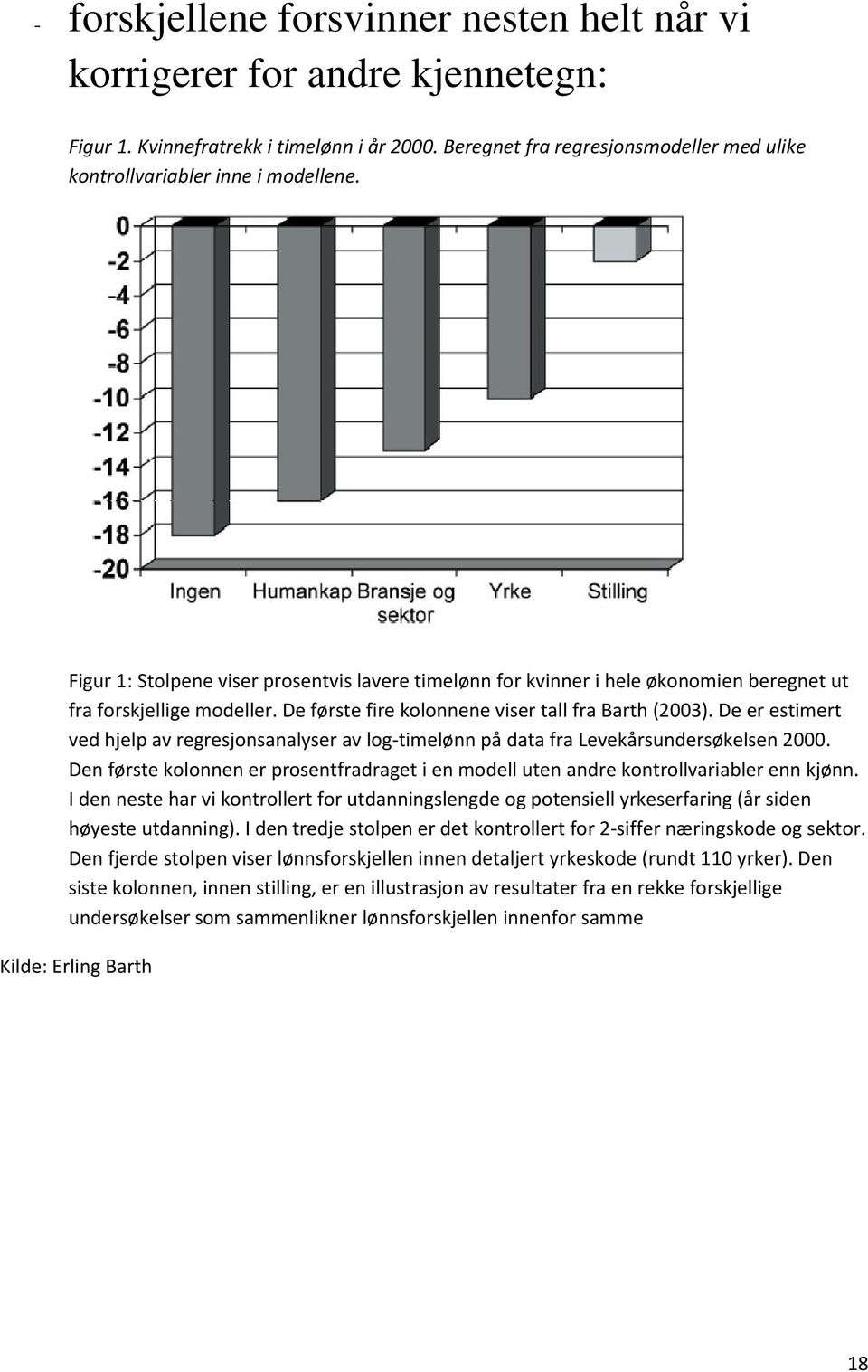 De første fire kolonnene viser tall fra Barth (2003). De er estimert ved hjelp av regresjonsanalyser av log-timelønn på data fra Levekårsundersøkelsen 2000.