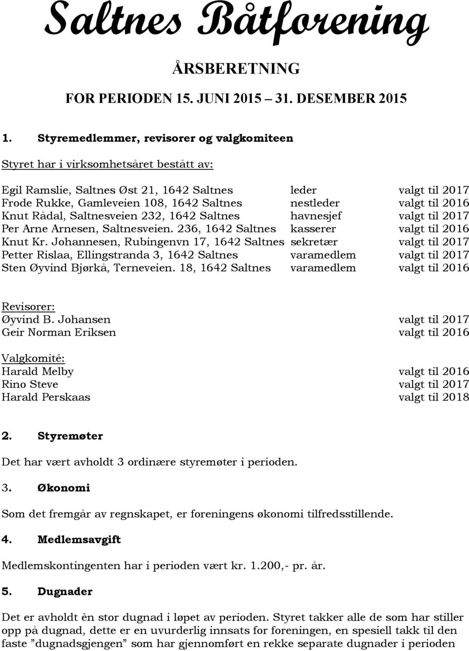 valgt til 2016 Knut Rådal, Saltnesveien 232, 1642 Saltnes havnesjef valgt til 2017 Per Arne Arnesen, Saltnesveien. 236, 1642 Saltnes kasserer valgt til 2016 Knut Kr.