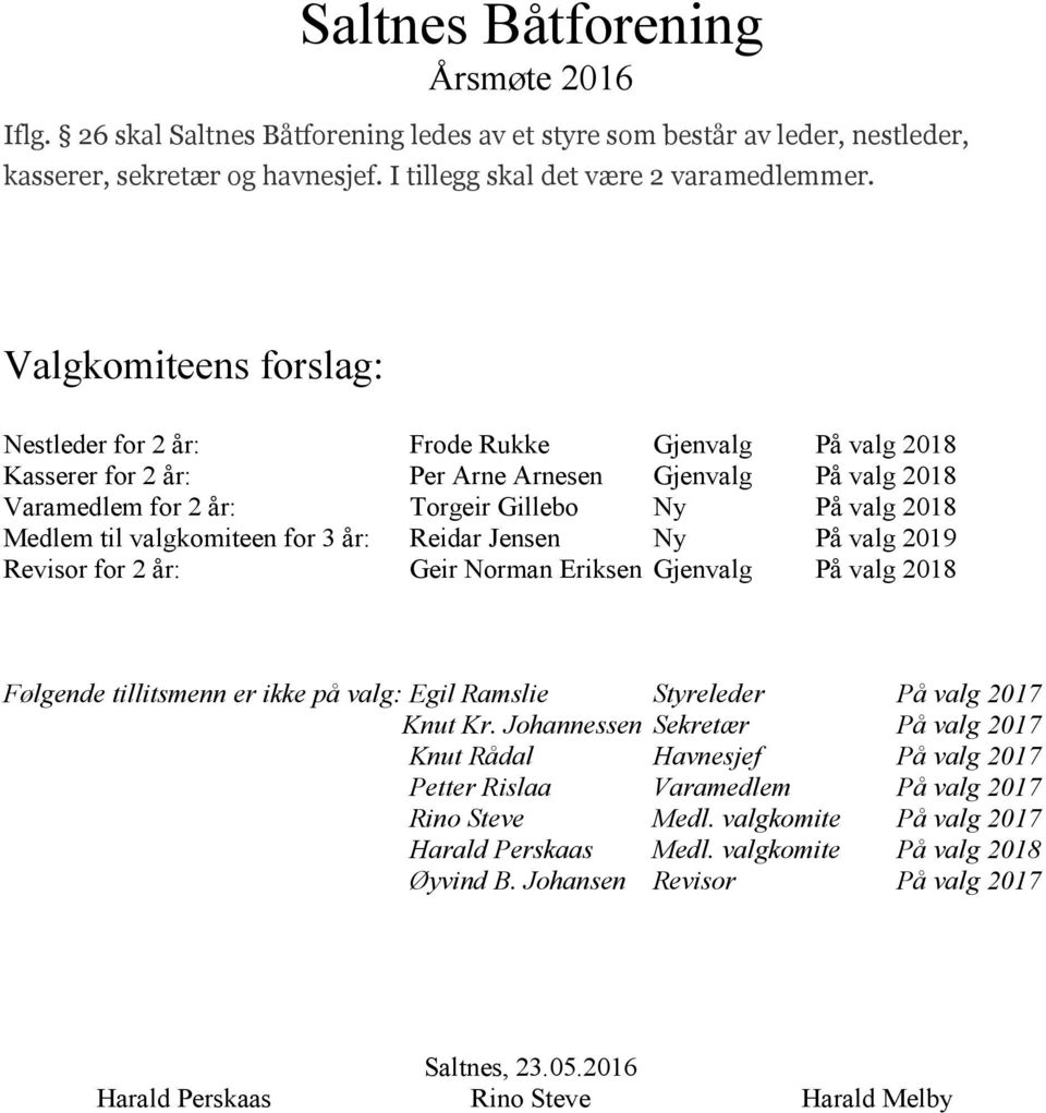 valgkomiteen for 3 år: Reidar Jensen Ny På valg 2019 Revisor for 2 år: Geir Norman Eriksen Gjenvalg På valg 2018 Følgende tillitsmenn er ikke på valg: Egil Ramslie Styreleder På valg 2017 Knut Kr.