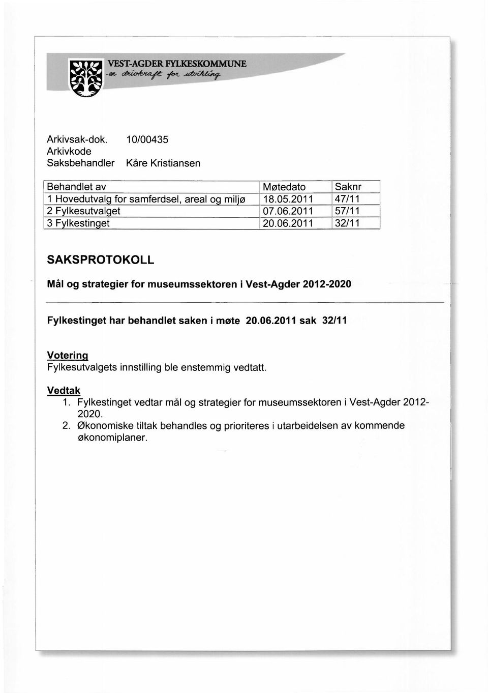 ø 2 Fylkesutval et 3 F Ikestin et SAKSPROTOKOLL Mål og strategier for museumssektoren i Vest-Agder 2012-2020 Fylkestinget har behandlet saken i