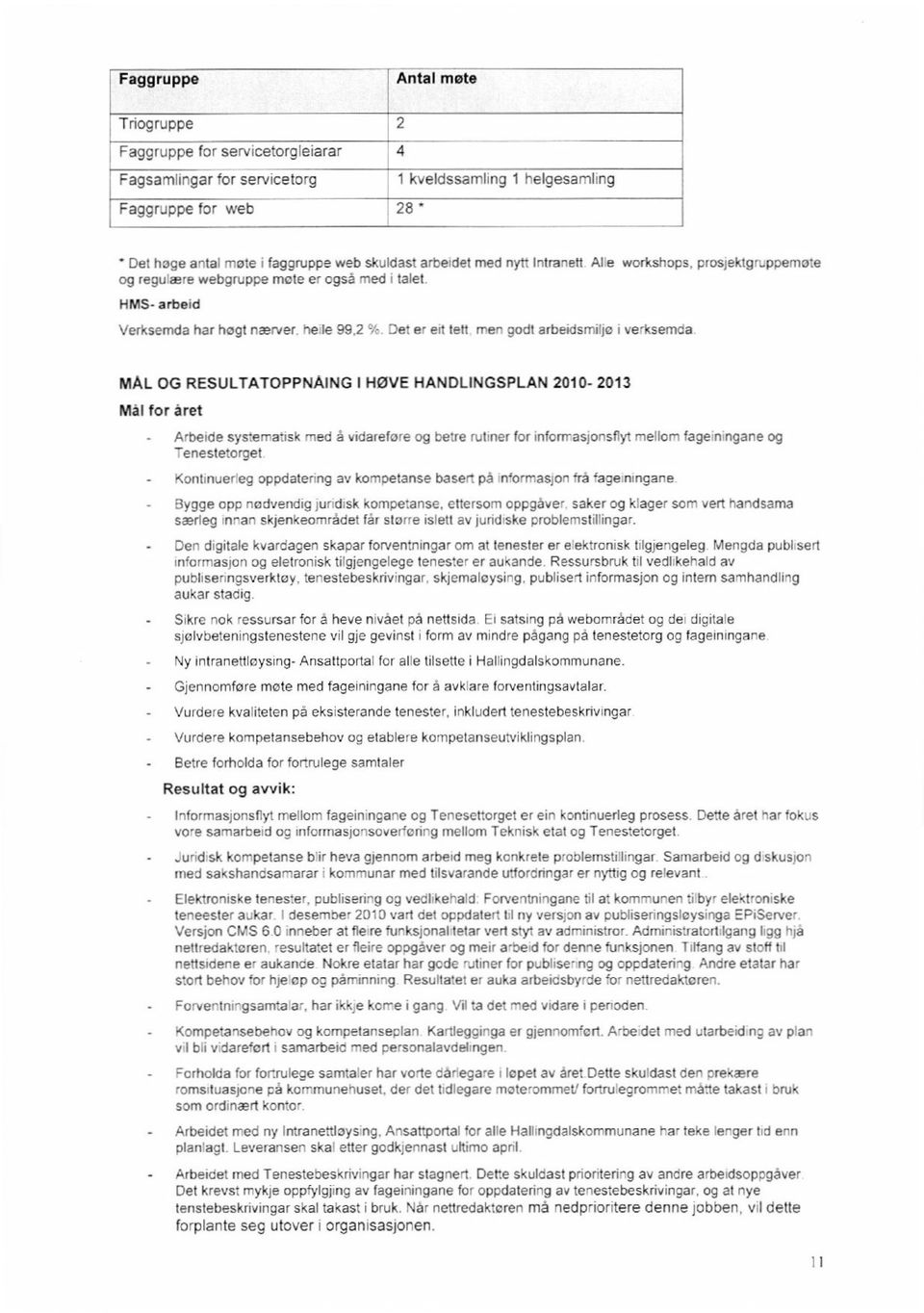 prosjeklgruppemøte HMS- arbeid Verksemda har høgt nærver hele 99,2 % Det er ett tett men godt arbeidsmiljø i verksemda MAL OG RESULTATOPPNAING I HOVE HANDLINGSPLAN 2010-2013 Mål for aret Arberde