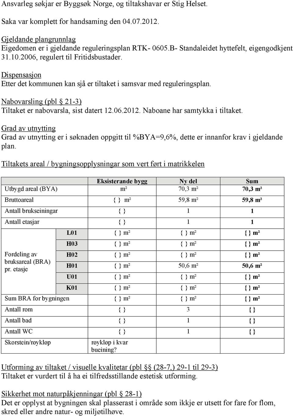 Nabovarsling (pbl 2-3) Tiltaket er nabovarsla, sist datert 2.06.202. Naboane har samtykka i tiltaket.