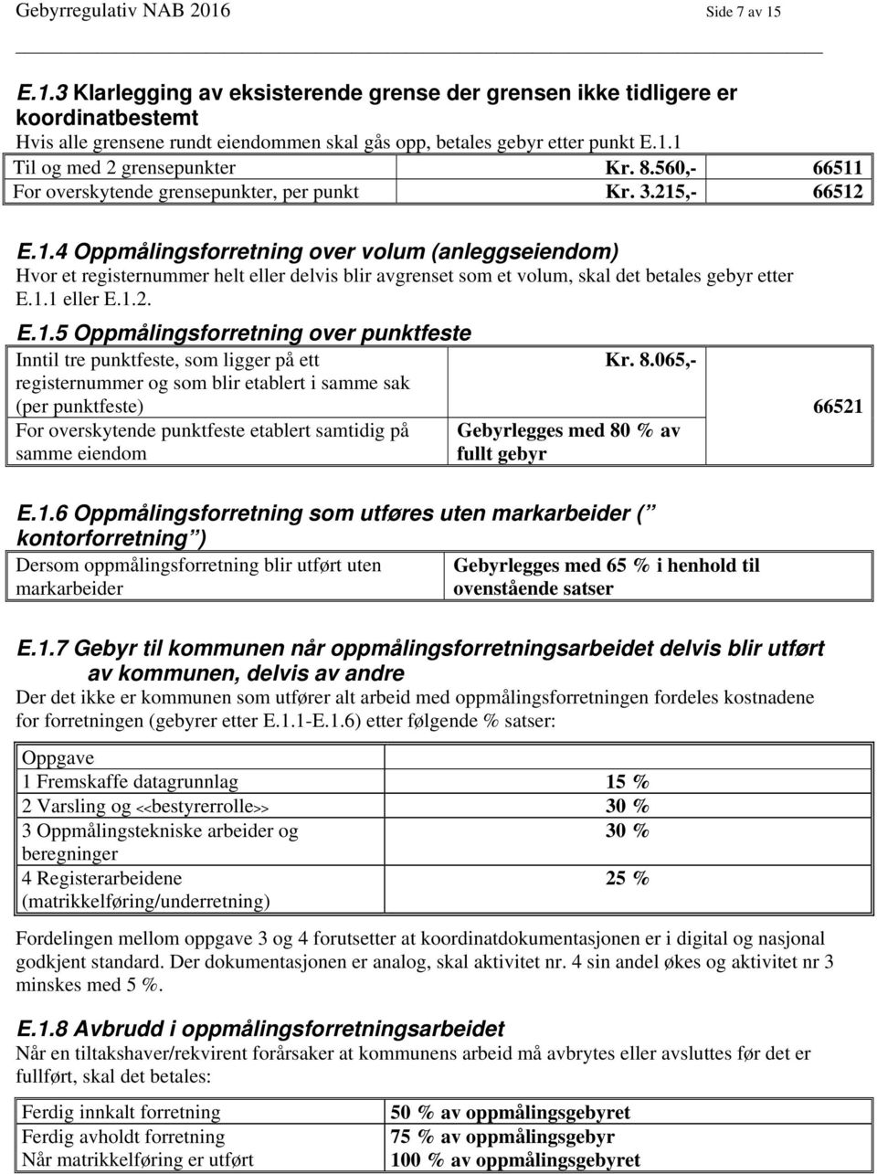 1.1 eller E.1.2. E.1.5 Oppmålingsforretning over punktfeste Inntil tre punktfeste, som ligger på ett registernummer og som blir etablert i samme sak (per punktfeste) For overskytende punktfeste