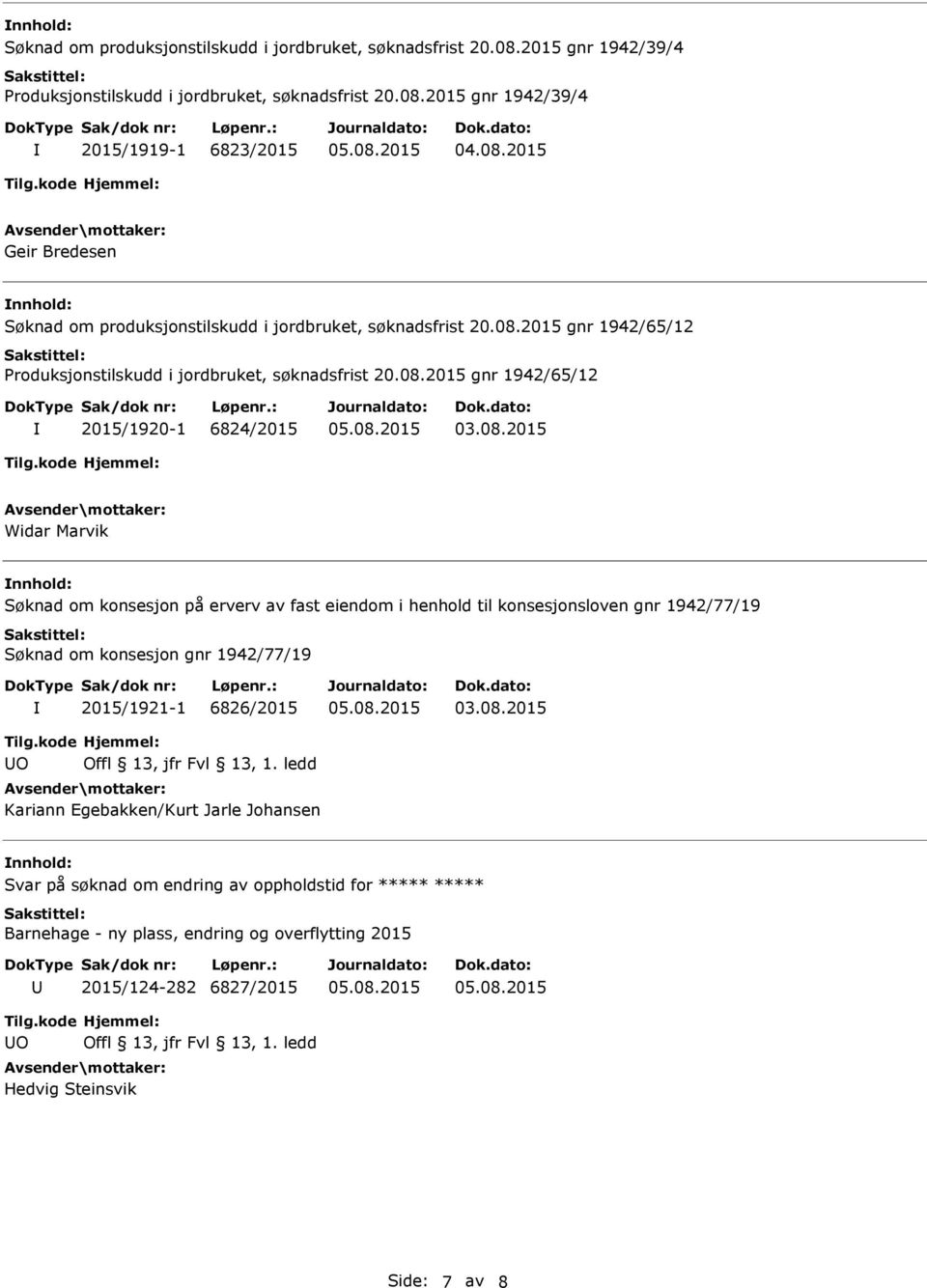 08.2015 Kariann Egebakken/Kurt Jarle Johansen Svar på søknad om endring av oppholdstid for ***** ***** Barnehage - ny plass, endring og overflytting 2015 2015/124-282 6827/2015 Hedvig