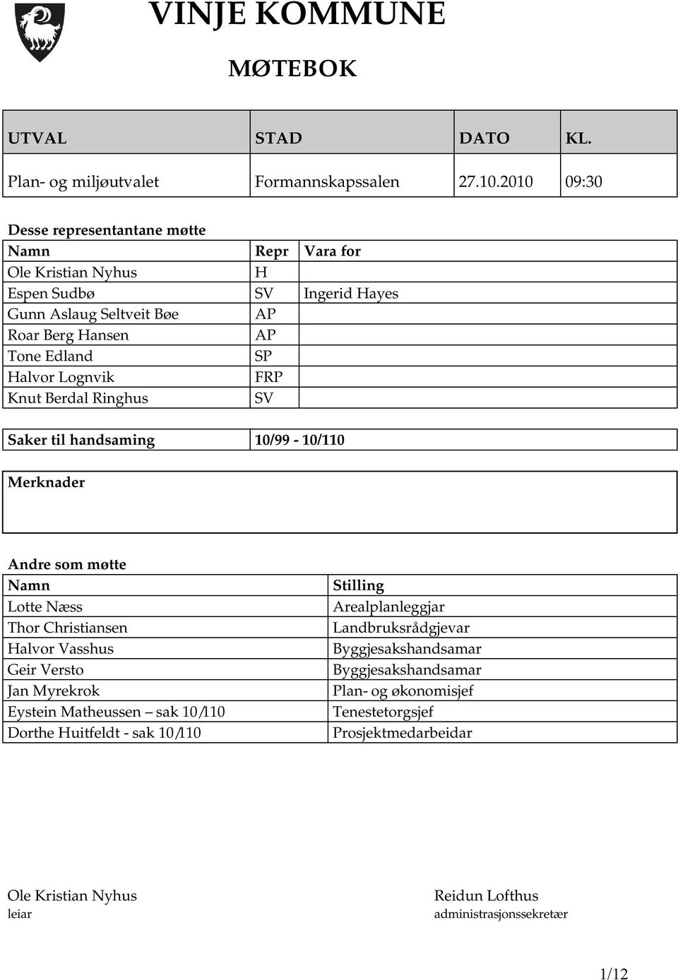 Halvor Lognvik FRP Knut Berdal Ringhus SV Saker til handsaming 10/99-10/110 Merknader Andre som møtte Namn Lotte Næss Thor Christiansen Halvor Vasshus Geir Versto Jan Myrekrok